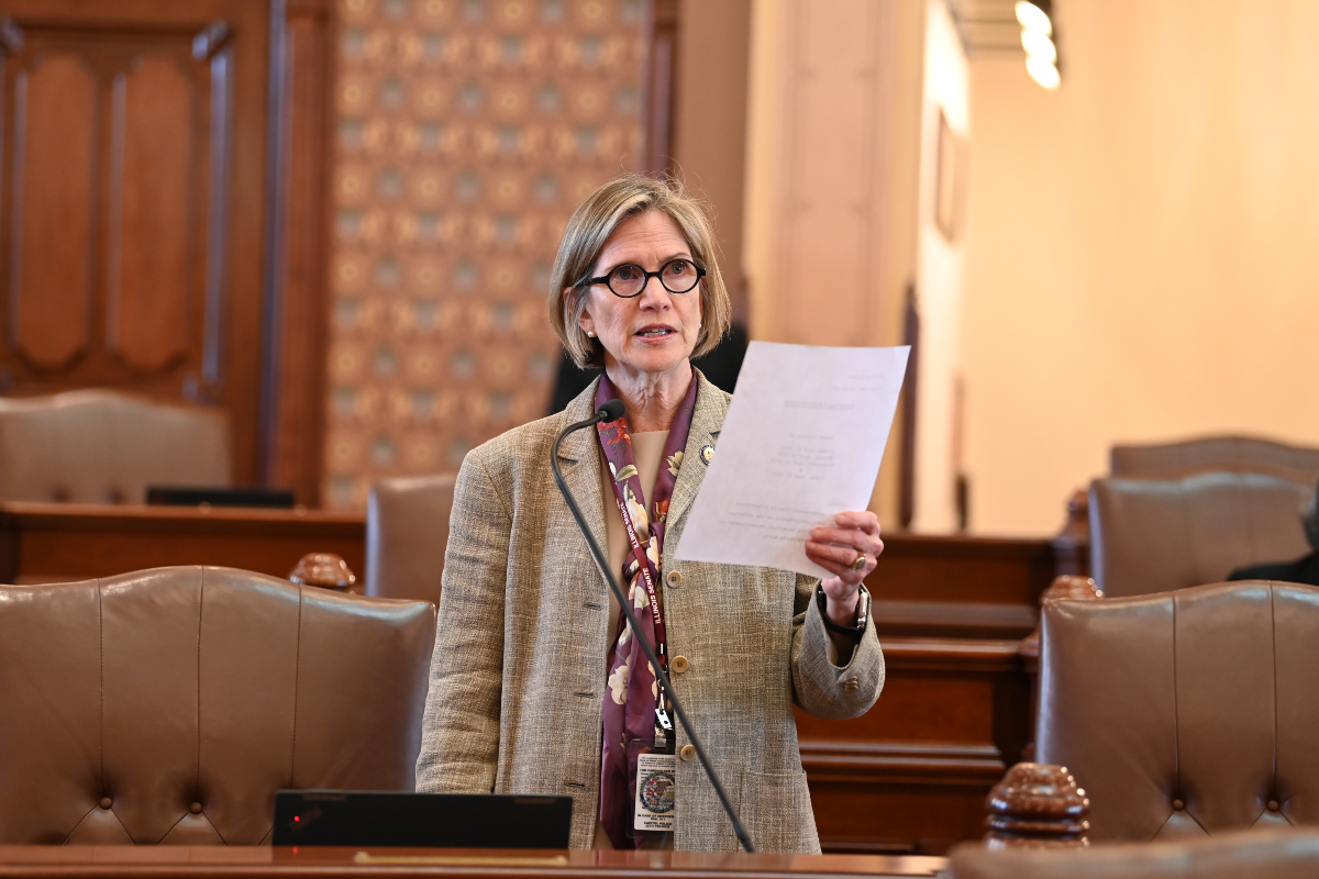 Senator Glowiak Hilton holds a piece of paper and speaks into a microphone in the Senate chamber.