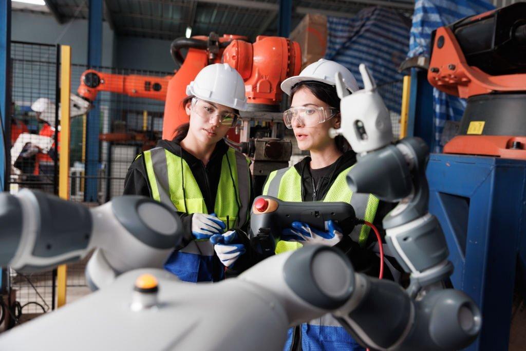 Two women in hard hats and neon safety vests work near mechanical equipment